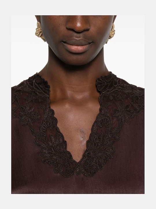 Women's Blouse with Lace & Sheerness Brown
