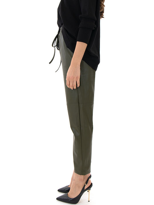 Damen Hoch tailliert Stoff Hose mit Gummizug Khaki