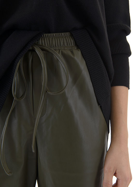 Damen Hoch tailliert Stoff Hose mit Gummizug Khaki