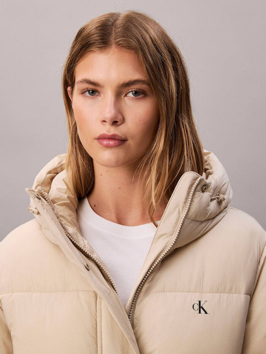 Women's Puffer Jacket Waterproof and Windproof for Winter with Hood Beige