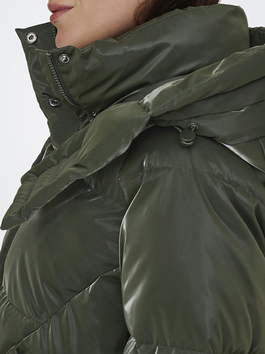 Women's Short Puffer Jacket for Winter Khaki