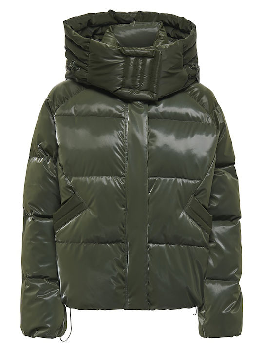 Women's Short Puffer Jacket for Winter Khaki