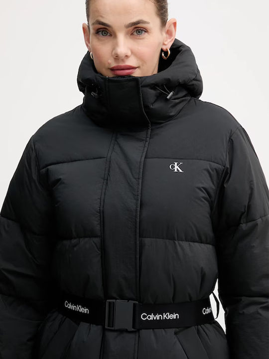 Women's Long Puffer Jacket Waterproof and Windproof for Winter with Hood Black