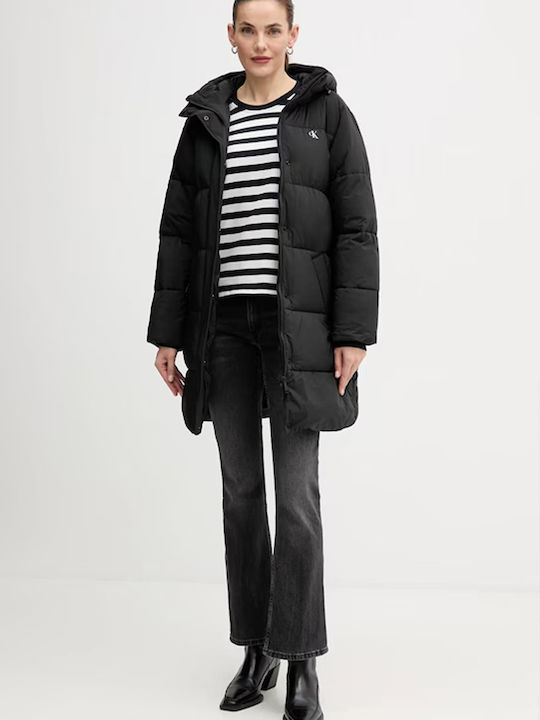 Women's Long Puffer Jacket Waterproof and Windproof for Winter with Hood Black