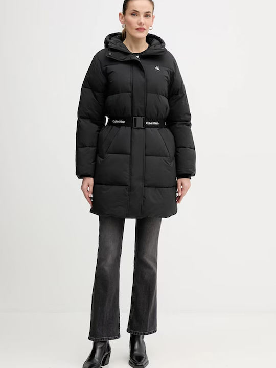 Women's Long Puffer Jacket Waterproof and Windproof for Winter with Hood Black