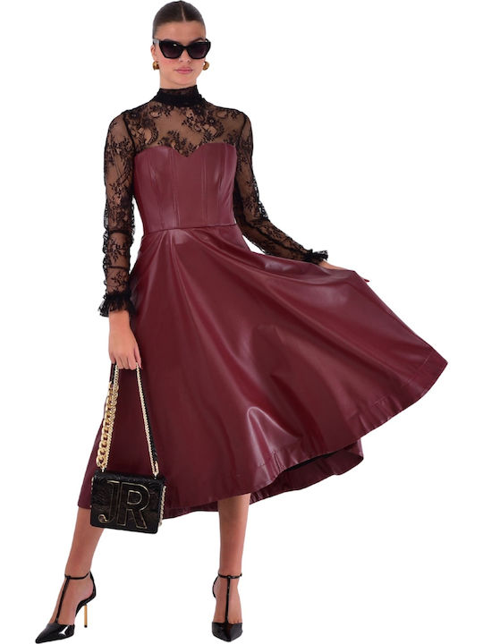 Rochie Midi De Seara Din Piele Cu Dantelă Burgundy