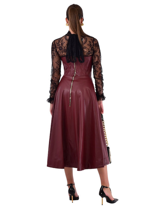 Leder Mit Spitze Abend Damenkleid Burgundisch