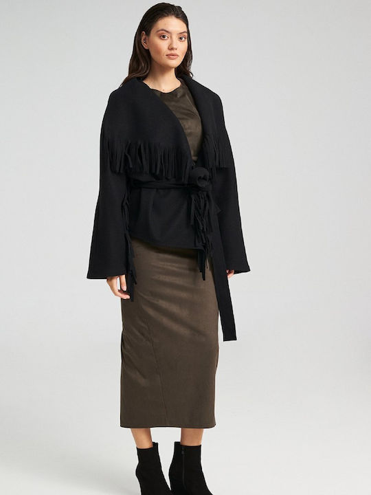 Damen Schwarz Kurzmantel mit Gürtel
