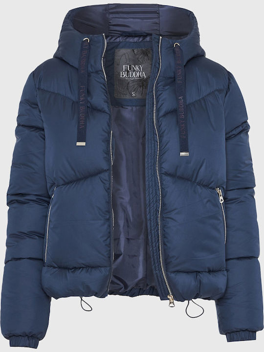 Women's Crop Puffer Jacket for Winter with Hood Navy Blue
