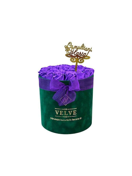 Aranjament Floral Radiance În Cutie Rotundă Verde 25 Trandafiri Săpun „La Mulți Ani Maria!” Decor Mov