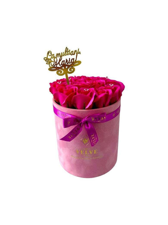 Aranjament Floral Crystal Beauty 15 Trandafiri Săpun Handmade Cristale În Cutie Roz Catifea Topper Fuchsia „La Mulți Ani Maria!”