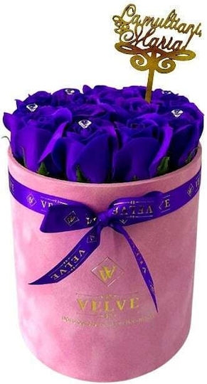 Aranjament Floral Crystal Beauty 15 Trandafiri Săpun Handmade Cristale În Cutie Catifea Roz Decor „La Mulți Ani Maria!” Albastru Indigo