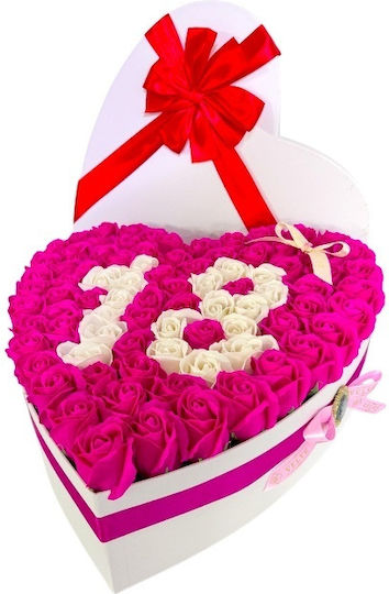 Aranjament Floral Personalizat Numărul 18 În Cutie În Formă De Inimă 85 Trandafiri Săpun Roz-alb