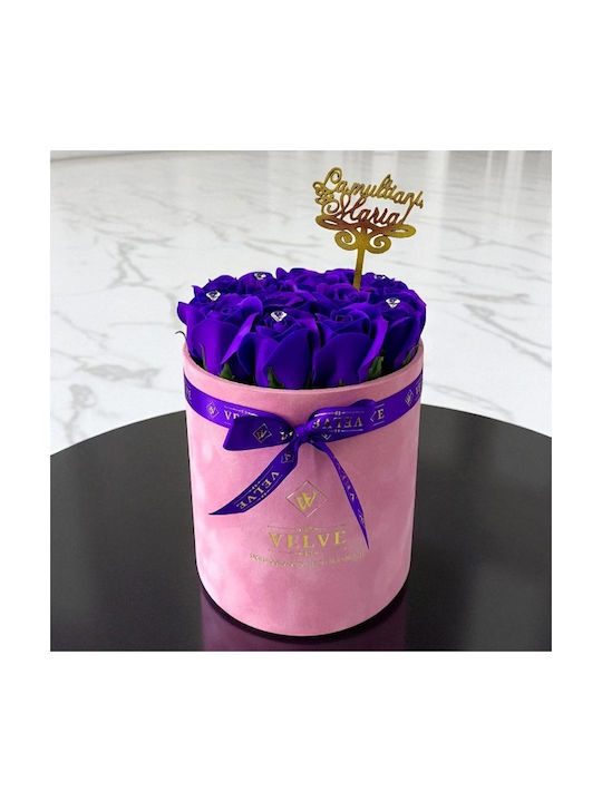Aranjament Floral Crystal Beauty 15 Trandafiri Săpun Handmade Cristale În Cutie Catifea Roz Decor „La Mulți Ani Maria!” Albastru Indigo