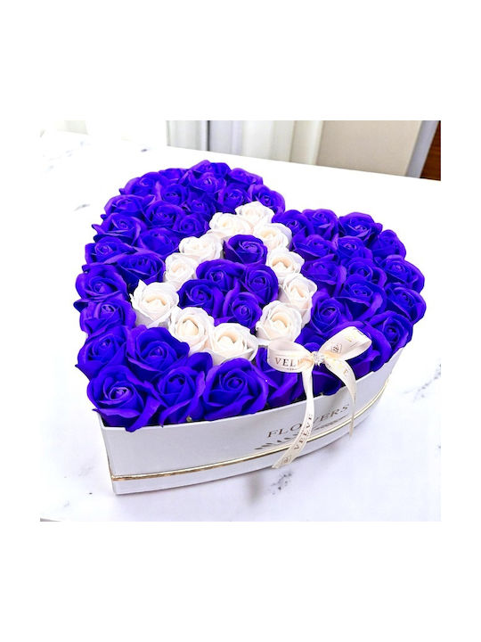 Aranjament Floral Personalizat Litera Cutie Inimă Albă 55 Trandafiri Săpun Albastru-alb