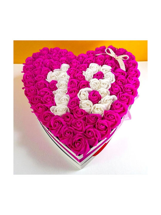 Aranjament Floral Personalizat Numărul 18 În Cutie În Formă De Inimă 85 Trandafiri Săpun Roz-alb