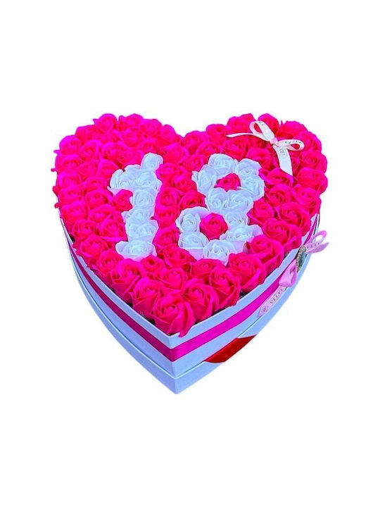 Aranjament Floral Personalizat Numărul 18 În Cutie În Formă De Inimă 85 Trandafiri Săpun Roz-alb