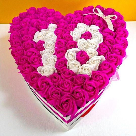 Aranjament Floral Personalizat Numărul 18 În Cutie În Formă De Inimă 115 Trandafiri Săpun Roz-Alb