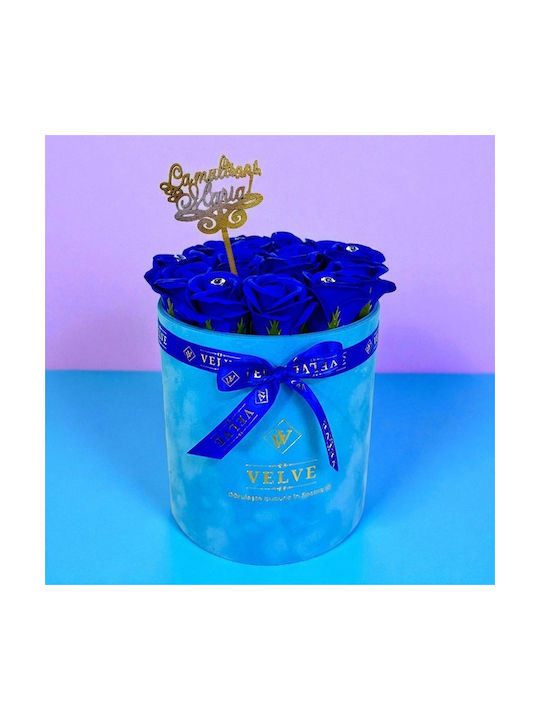 Aranjament Floral Crystal Beauty 15 Trandafiri Săpun Handmade Cristale În Cutie Catifea Albastră Topper Albastru „La Mulți Ani Maria!”