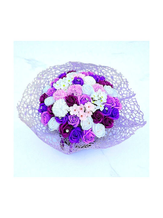Aranjament Floral Amethyst Flori Săpun În Cutie Rotundă Neagră ⌀ 20cm Accesorizată Cu Fundiță Plasă De Sisal Mov-crem-alb