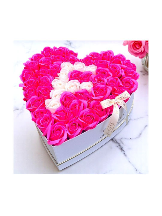 Aranjament Floral Personalizat Litera Cutie Inimă Albă 55 Trandafiri Săpun Fucsia-Albi