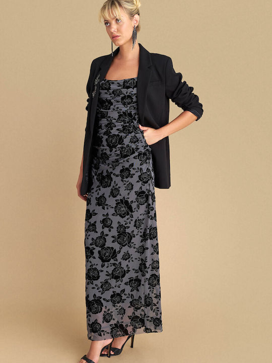 Maxi Evening Velvet Drape Dress Grey