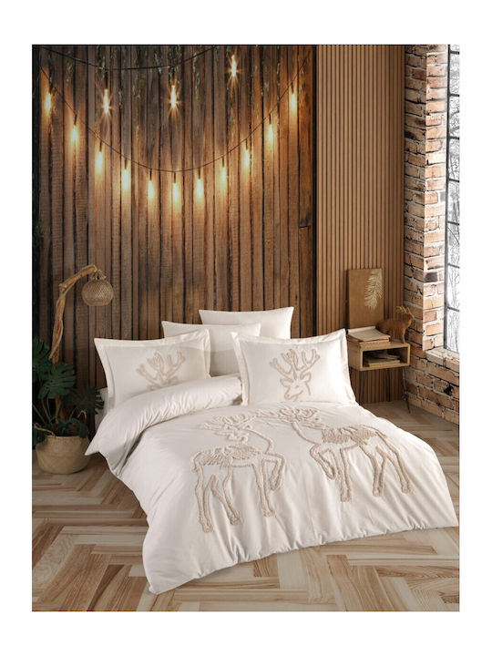 Class Home Collection Set Husă de Pilotă Dublă cu 2 Fețe de Pernă & 1 Cearsaf 200x220 Noel Ecru
