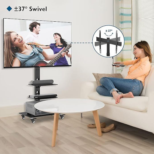 Bontec Suport TV cu Rotile 30-70 Inch pentru Ecrane Plasma LCD LED până la 40 kg 6 Ajustări de Înălțime Rafturi din Sticlă Temperată pe 3 Niveluri Max VESA 600 x 400 mm