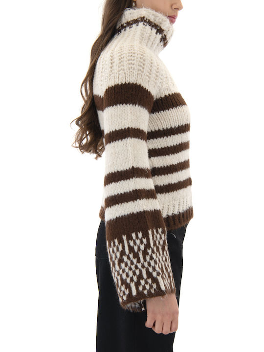 Women's Long Sleeve Crop Sweater Striped Ecru-brown