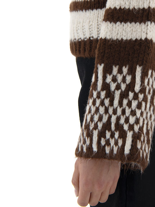 Women's Long Sleeve Crop Sweater Striped Ecru-brown