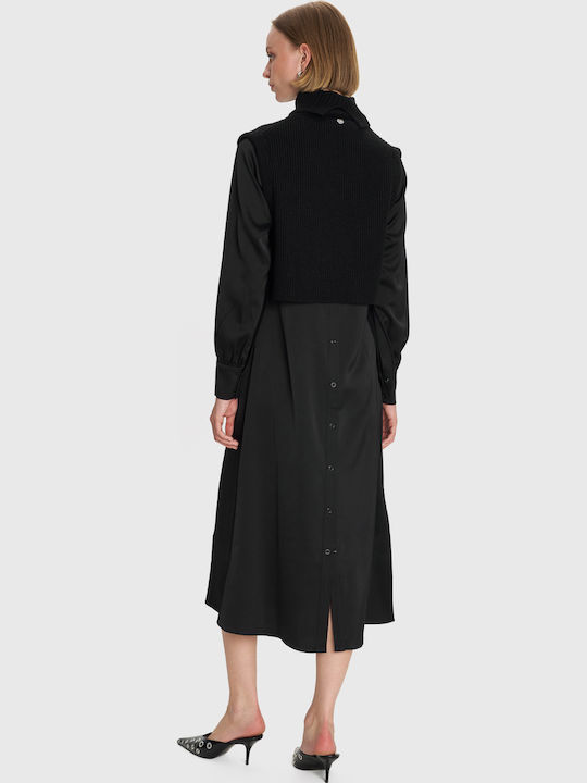 Midi Damenkleid Langärmelig Gestrickt Schwarz 8921910-Schwarz