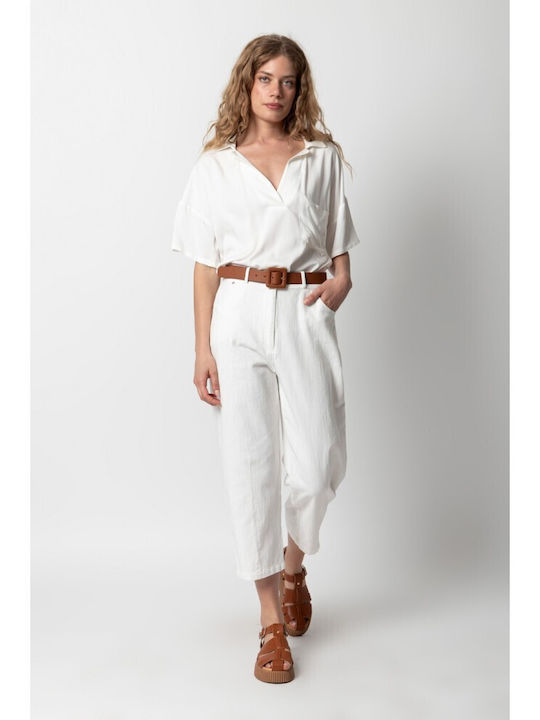 Women's Fabric Capri Trousers Baggy Line White