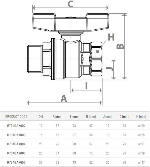 Valvă de Gaz Giacomini R734gax005 Cu Conector Tău Full Bore Galben Mâner T 1” Femeie Fir X 1” Bărbat Fir 5 Bar Nichelat din Alamă