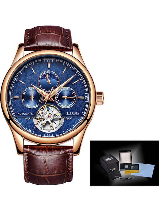 Ανδρικό Ρολόι 43mm Χρονογράφος Αυτόματο με Καφέ Δερμάτινο Λουράκι