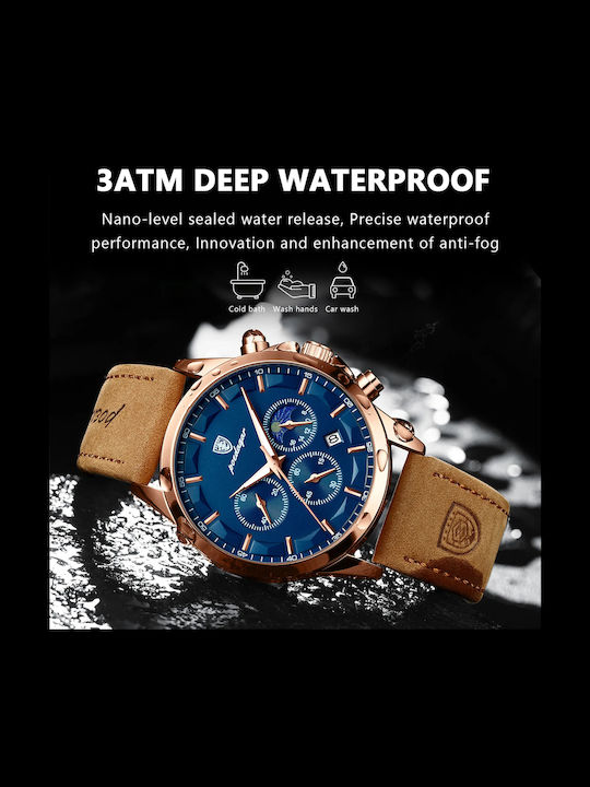 Poedagar Herrenuhr 42mm Batterie mit Braun Lederarmband