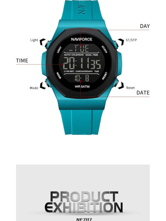 Naviforce Ceas Digital De Bărbați 49mm Cu Baterie și Curea Din Cauciuc Turcoaz