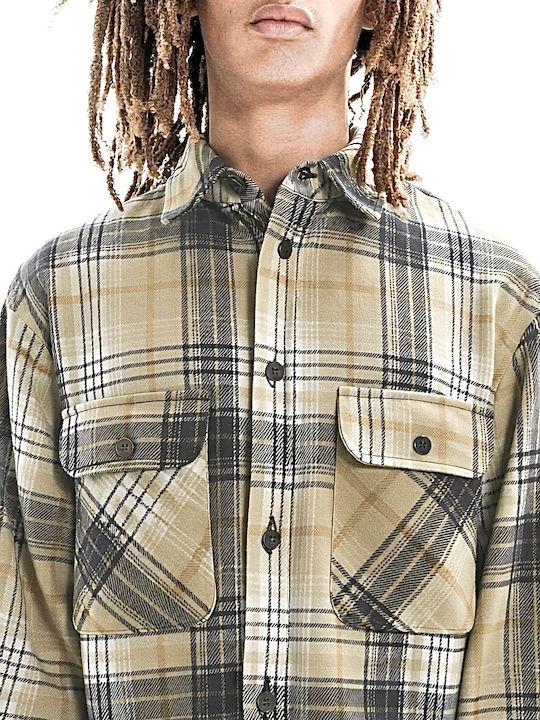 Long-sleeved Flannel Shirt Checked Beige