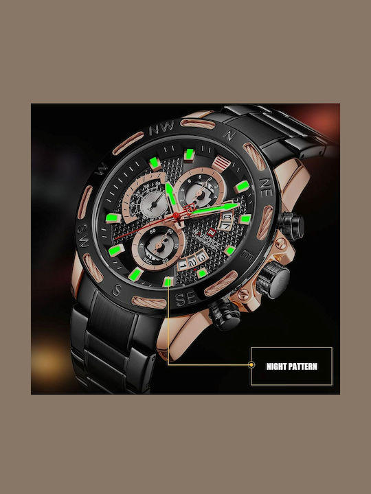 Naviforce Ceas Bărbați 24mm Cronograf Baterie Cu Brățară Din Metal Neagră