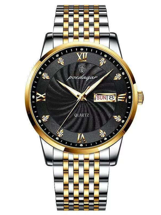 Poedagar Ανδρικό Ρολόι 41mm Μπαταρίας με Ασημί Μεταλλικό Μπρασελέ