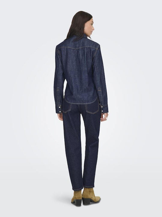 Women's Denim Long Sleeve Shirt Dark Blue - Blue