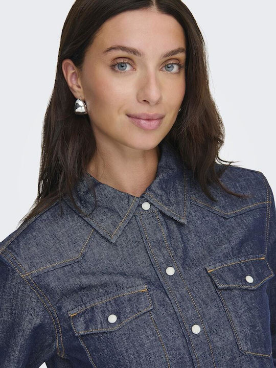 Women's Denim Long Sleeve Shirt Dark Blue - Blue