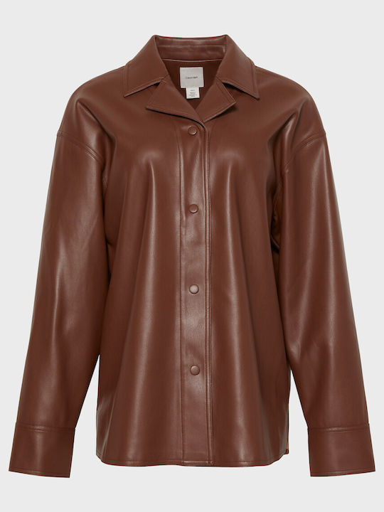 Women's Leather Long Sleeve Shirt Brown