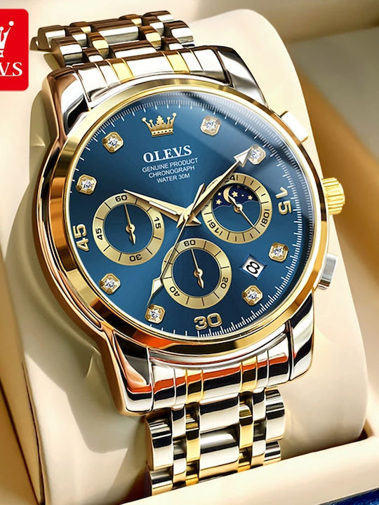 Olevs Ceas Bărbați 42mm Cronograf Baterie cu Brățară Din Metal Argintie