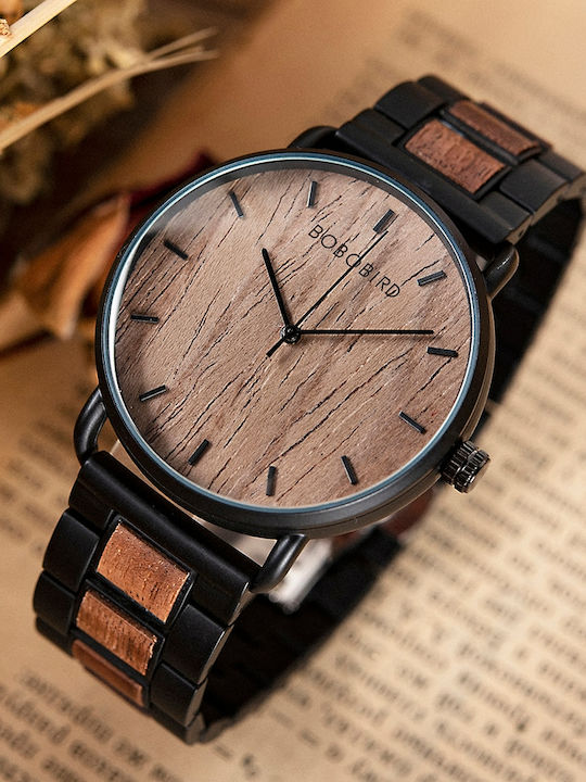 Bobo Bird Men's Watch Battery with Black Wooden Bracelet