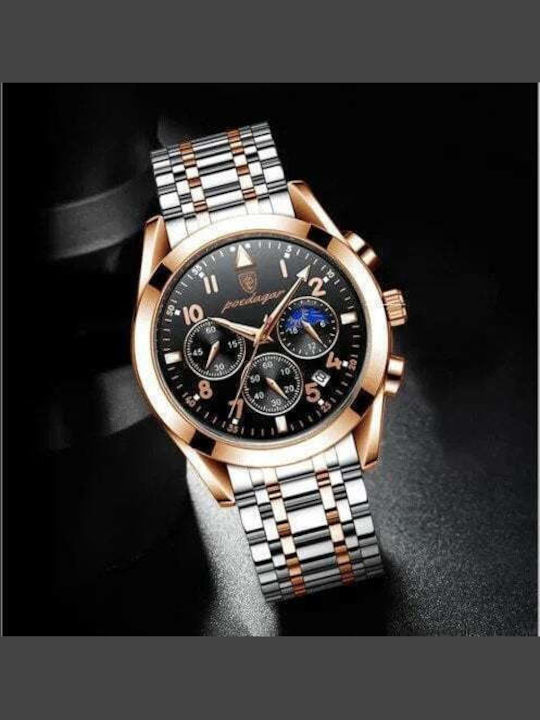 Poedagar Ceas Bărbați 39mm Cronograf Cu Baterie Cu Brățară Din Metal Argintie
