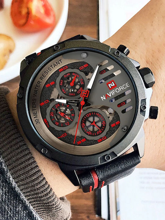 Naviforce Ceas Bărbați 48mm Cronograf Baterie Cu Curea Din Piele Neagră
