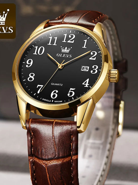 Olevs Ανδρικό Ρολόι 40mm Μπαταρίας με Καφέ Δερμάτινο Λουράκι