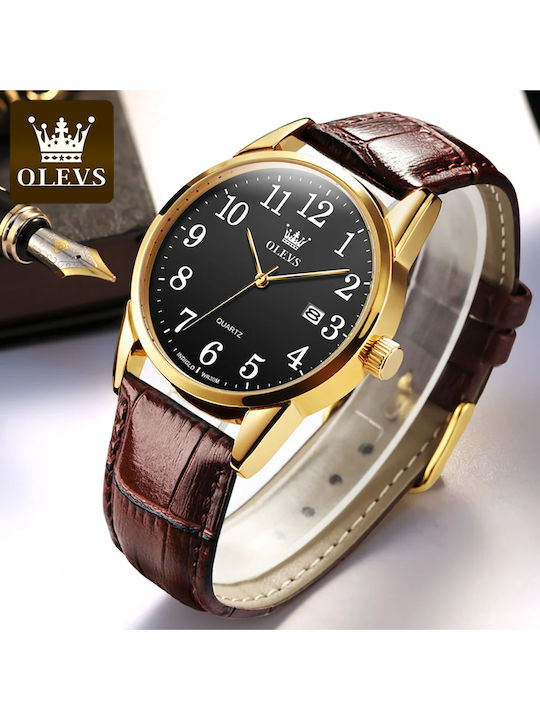 Olevs Ανδρικό Ρολόι 40mm Μπαταρίας με Καφέ Δερμάτινο Λουράκι