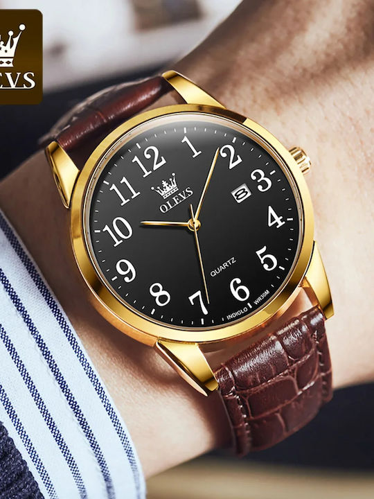 Olevs Ανδρικό Ρολόι 40mm Μπαταρίας με Καφέ Δερμάτινο Λουράκι