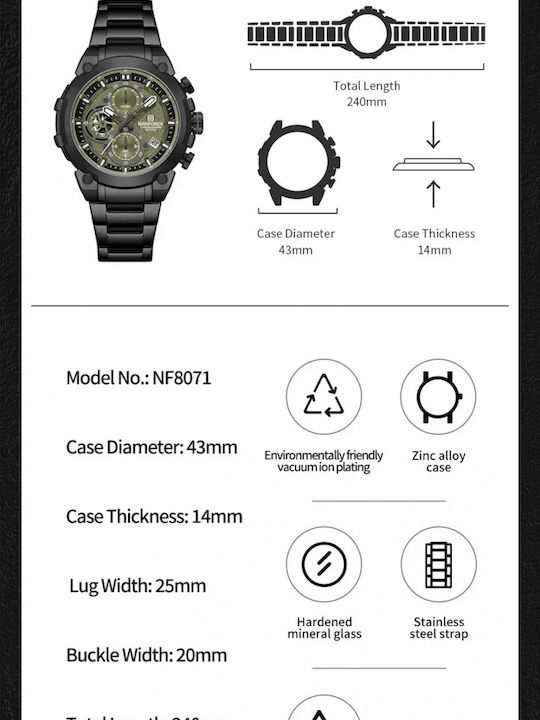 Naviforce Ceas Barbati 43mm Cronograf Cu Baterie Cu Brățară Din Metal Neagră